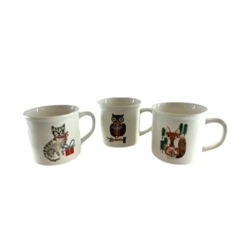 3 POTTERY BARN DENISE FIEDLER WHIMSICAL CAT,FOX & OWL MUGS -A FUN TASTE OF NATUR